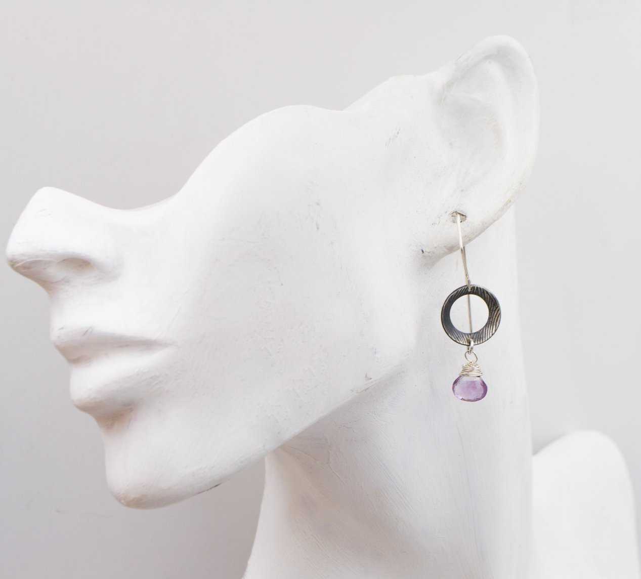 Amethyst - Sterling Silver - Textured - Disk Earrings - shopcontrabrands.com